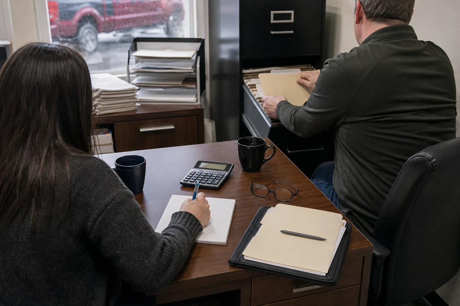 A woman with a notepad and pen waits at an office desk with a calculator and file folder while a man in a chair pulls a folder from a filing cabinet.