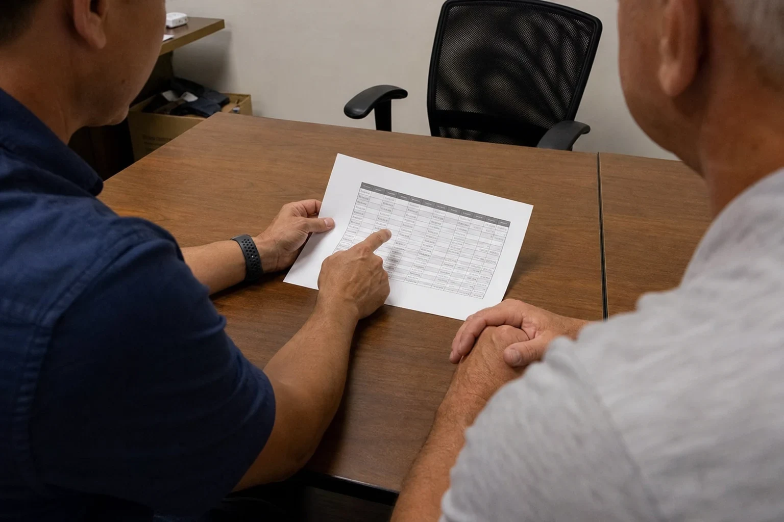 Two men seated at a wooden office table reviewing a printed page of figures, one pointing at a row in the table, with an empty mesh office chair behind