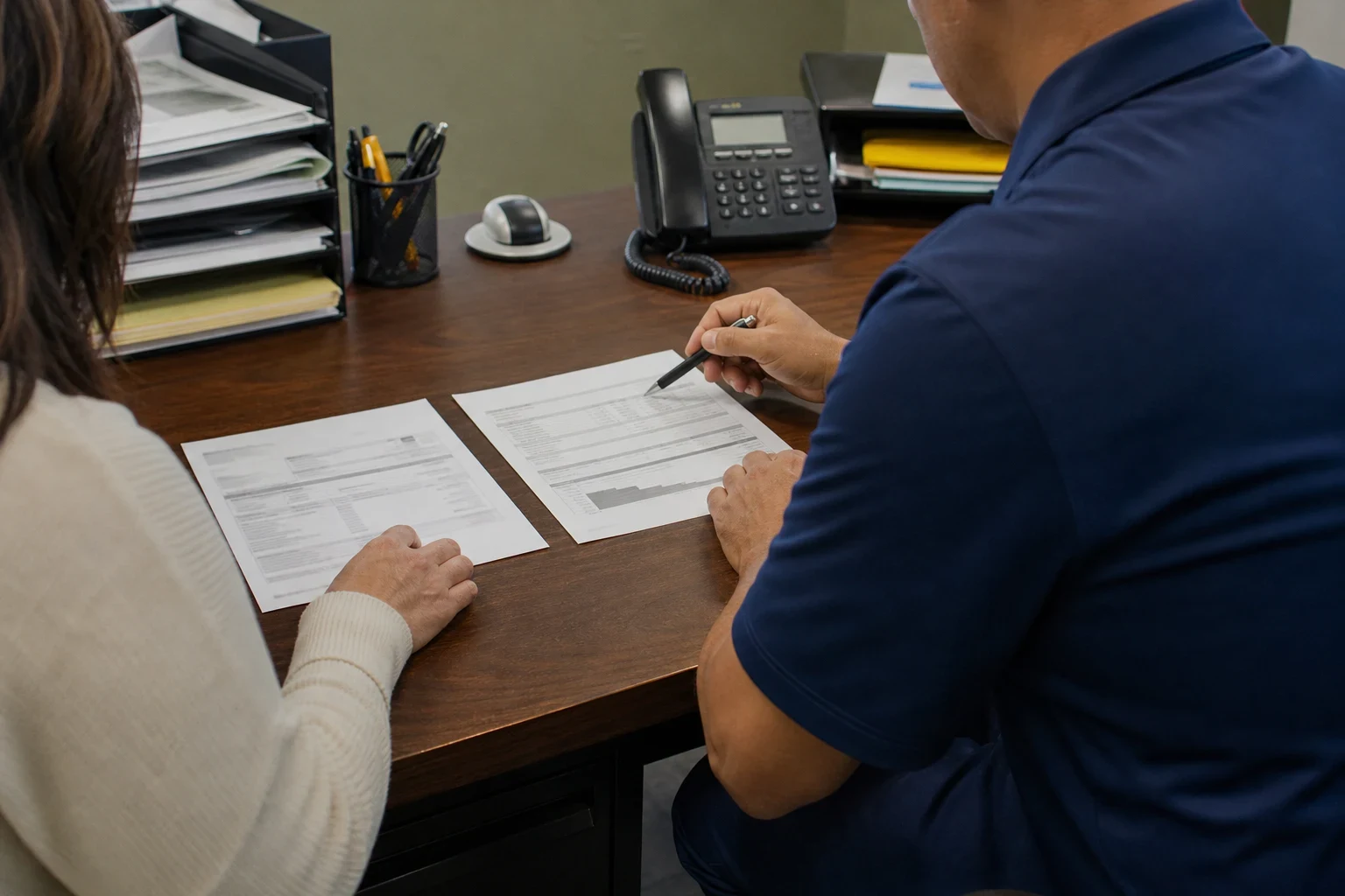 Two people at a wooden office desk reviewing two printed documents side by side, one pointing with a pen, with a desk phone and file trays behind